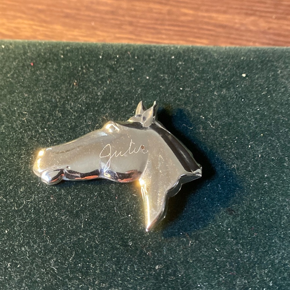 1970s Chrome Horses Head Brooch engraved “Julie”